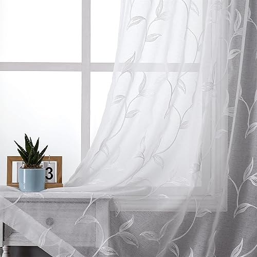 VISIONTEX Cortinas traslúcidas blancas de 84 pulgadas de largo, juego de 2 paneles bordados con patrón de hojas florales y bolsillo para barra,