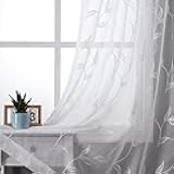 VISIONTEX White Sheer Curtains 84 Inches Long 2 Panels Set Embroidered Floral Leaf Pattern Rod Pocket Semi Sheer Voile Window Curtains/Drapes for Bedroom Living Room 54 x 84 Inches