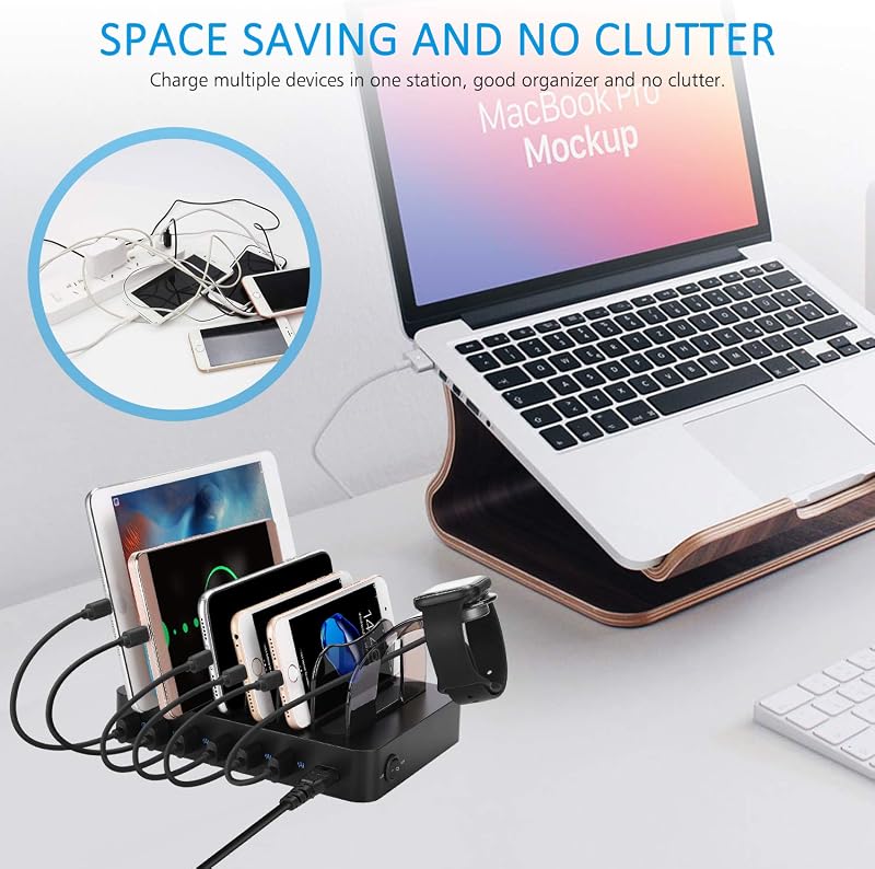 Stație de încărcare USB PRITEK cu 6 porturi, cu încărcare rapidă de 5V 3A și porturi de încărcare de 5V 2.4A, cu 8 cabluri USB scurte pentru telefoane și tablete