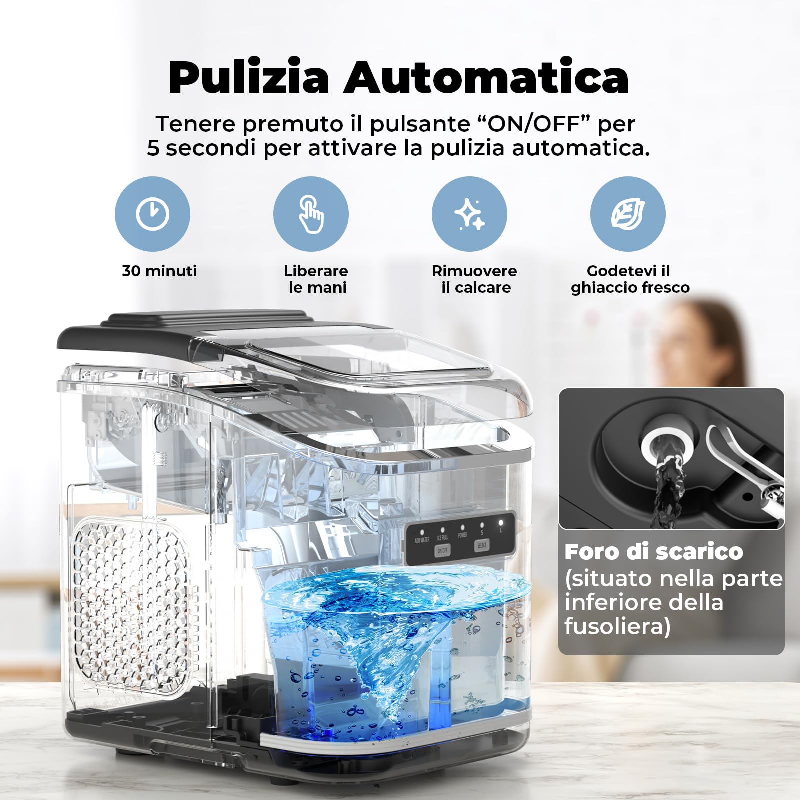 Macchina Ghiaccio 12kg/24h, Autopulente Macchina del Ghiaccio Casa 1,5L, Silenzioso Macchina per il Ghiaccio 9 Cubetti in 6 Minuti, Ice Maker con Maniglia/Paletta/Cestello, Nero