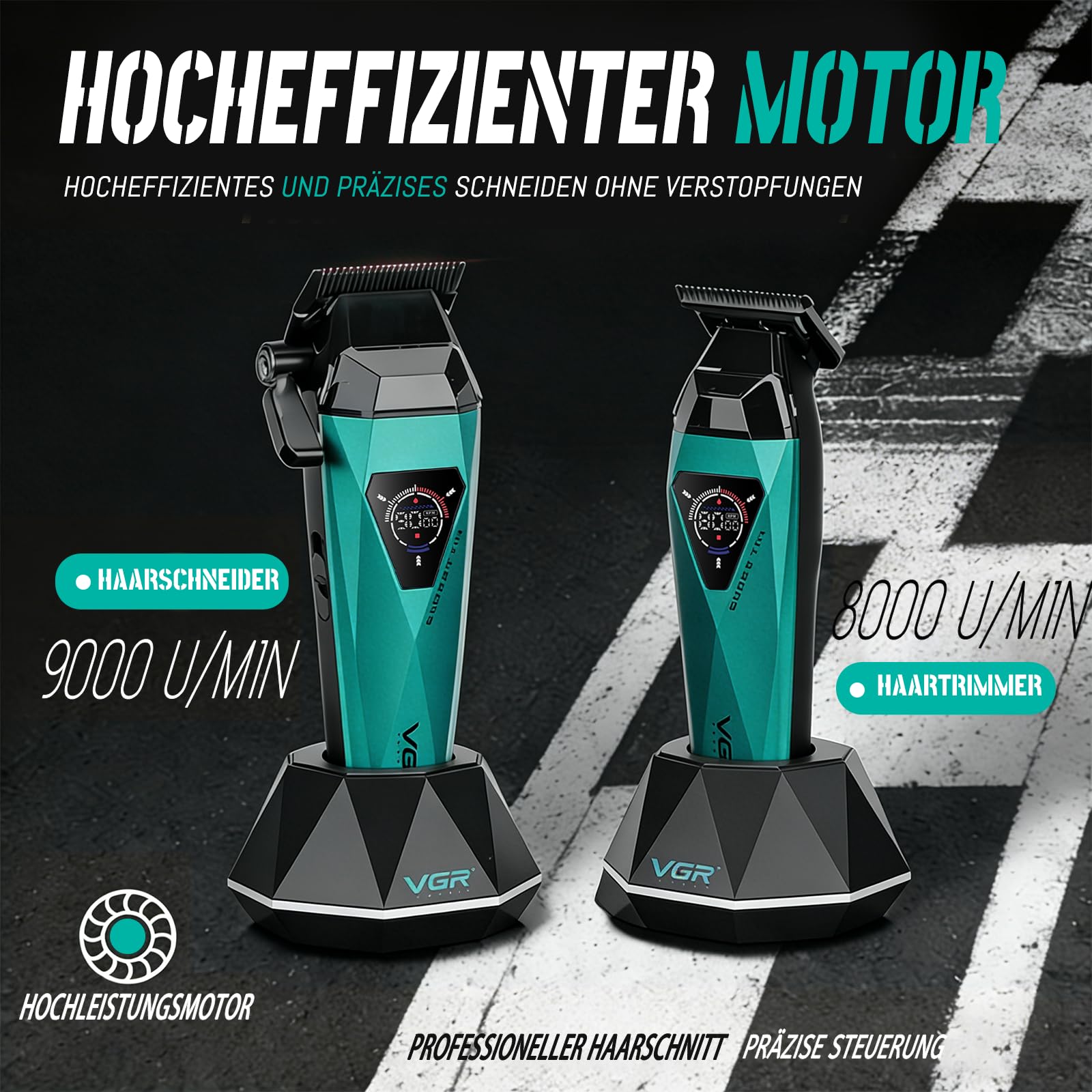 VGR 877S3 Profi Haarschneidemaschine Set, Kabelloser Titanbeschichtete Rasierer, Haarschneider Herren und Präzisionstrimmer mit 8000/9000 U/min Motor, Barber Set mit Ladestation, LED-Display, Grün