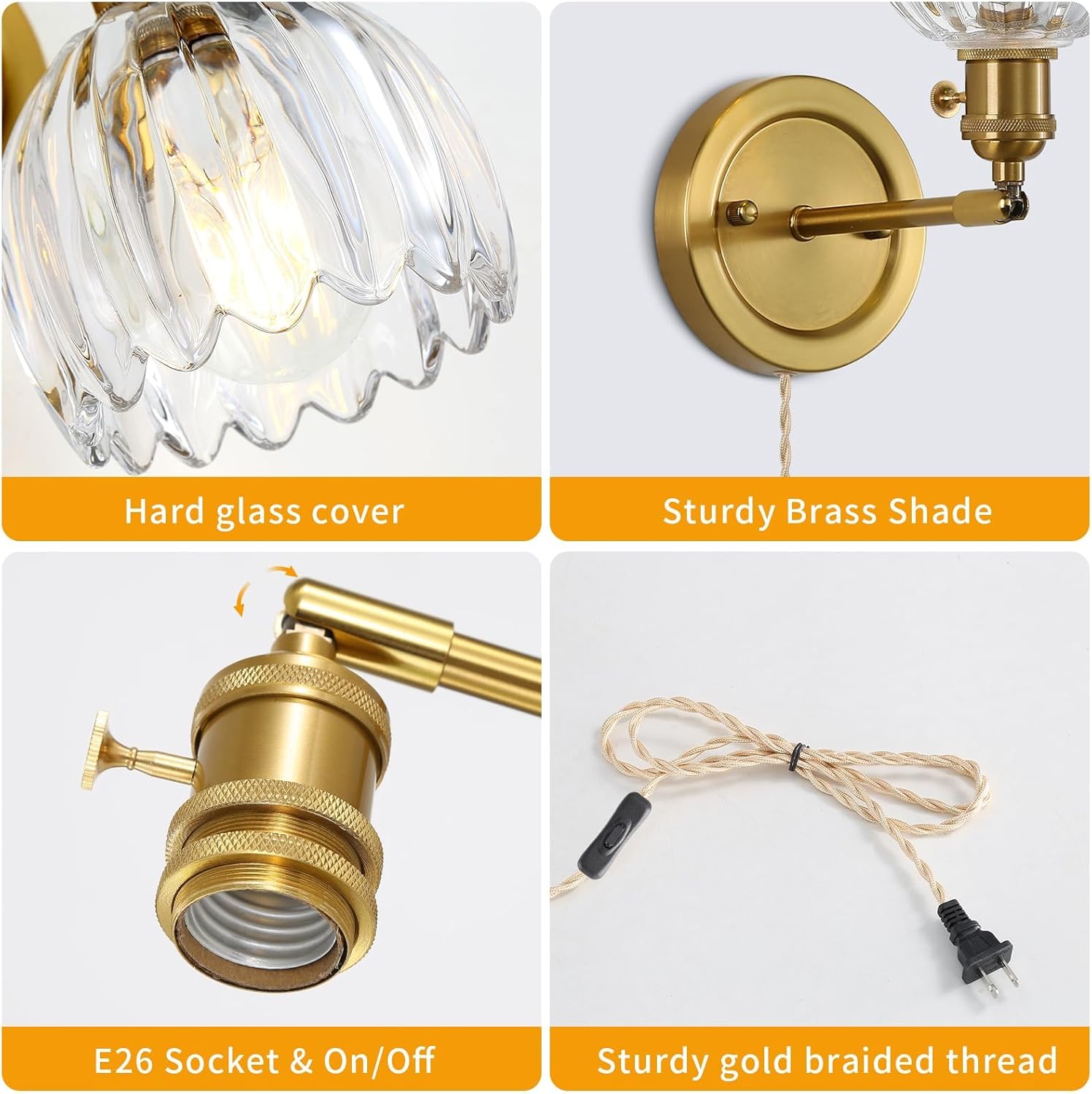 Plug in Wall Sconce, Vintage Wall Light with 5-Inch Tulip Clear Glass Shade, Modern Wall Sconces with Plug in Wall Lamp, Bedside Wall Lamps for Bedroom Bathroom Vanity Living Room