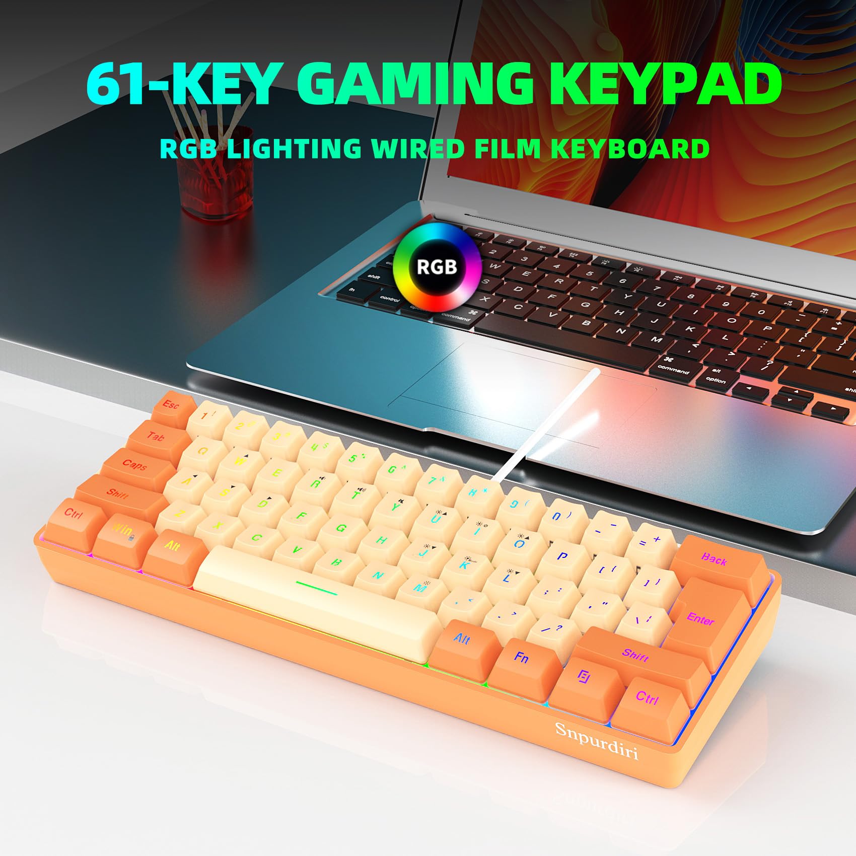 Snpurdiri 60% Wired Gaming Keyboard, RGB Backlit Ultra-Compact Mini Keyboard, Waterproof Mini Compact 61 Keys Keyboard for PC/Mac Gamer, Typist, Travel (Orange and Cream) view 4