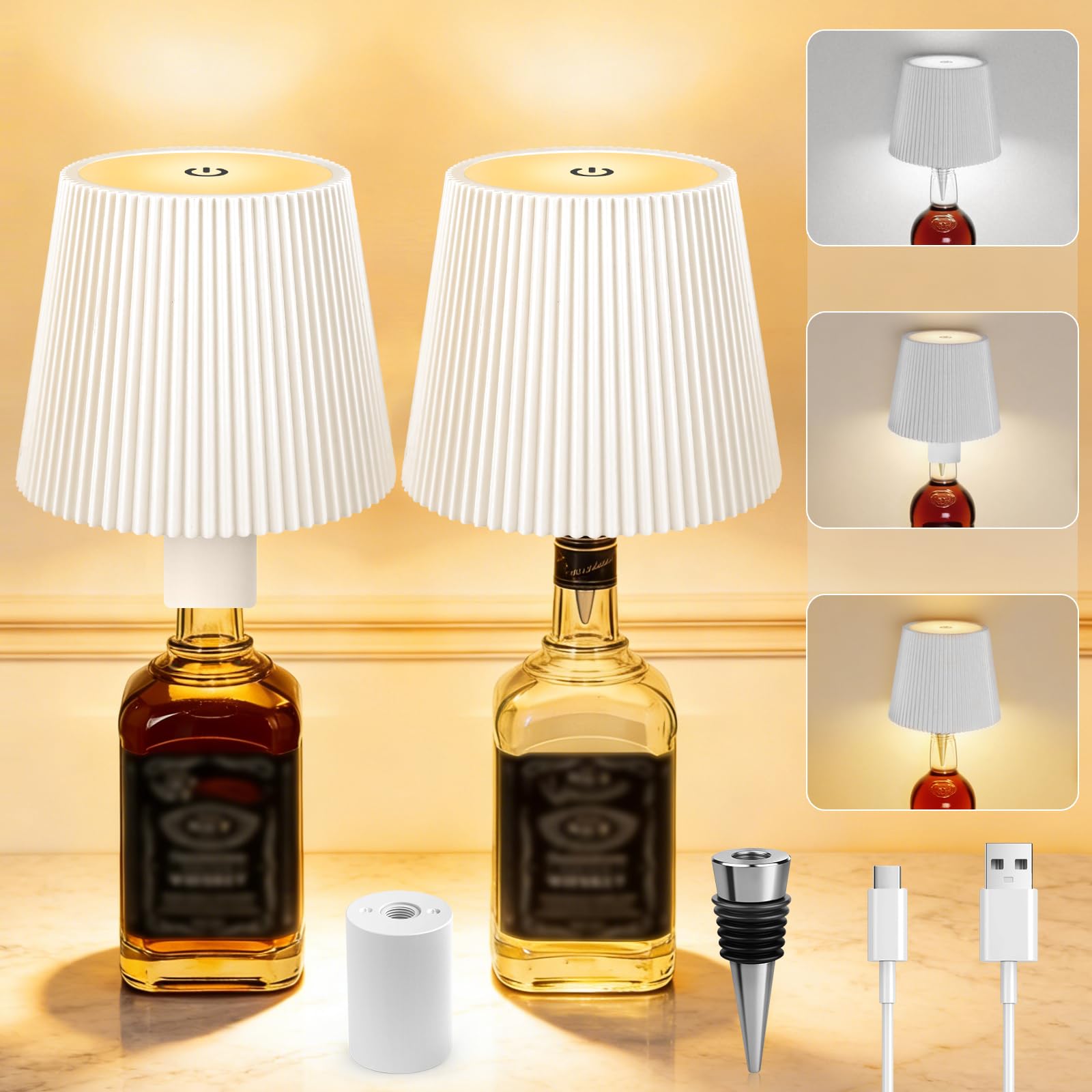Wireless Bottle Lamp 2 Pack, Wireless Bottle Lampshade, LED Touch Control USB-C Rechargeable Bottle Lights, 3 Color Stepless Dimming Wine Bottle Lights, for Bedroom, Terrace, Party, Bar (White) — image 1