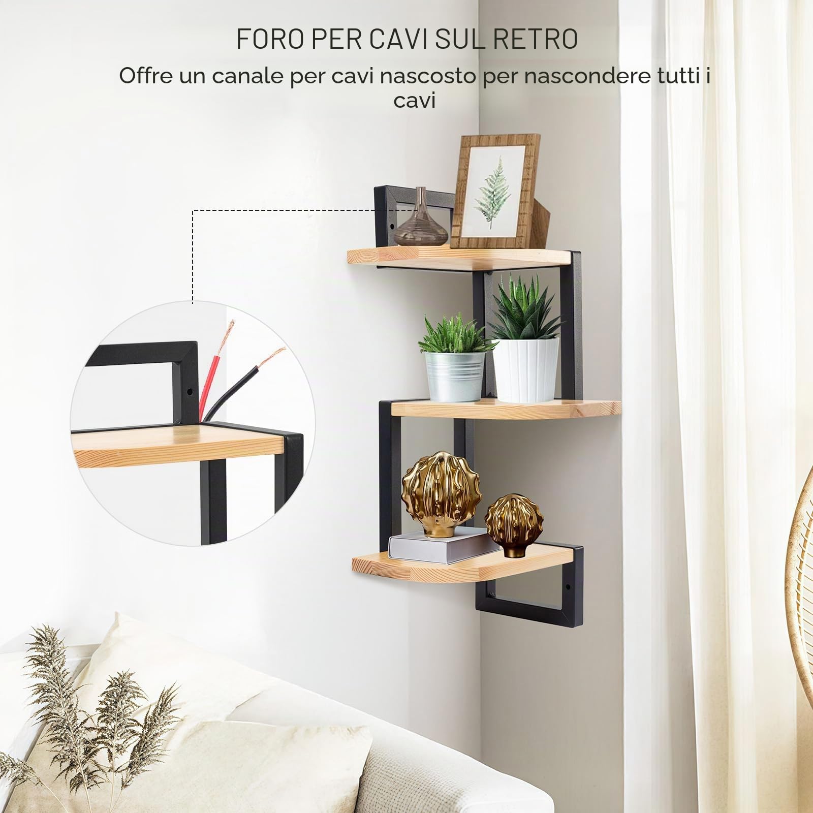 Set di 3 mensole angolari in legno rustico, marrone, per cameretta, libreria, bagno, soggiorno, cucina