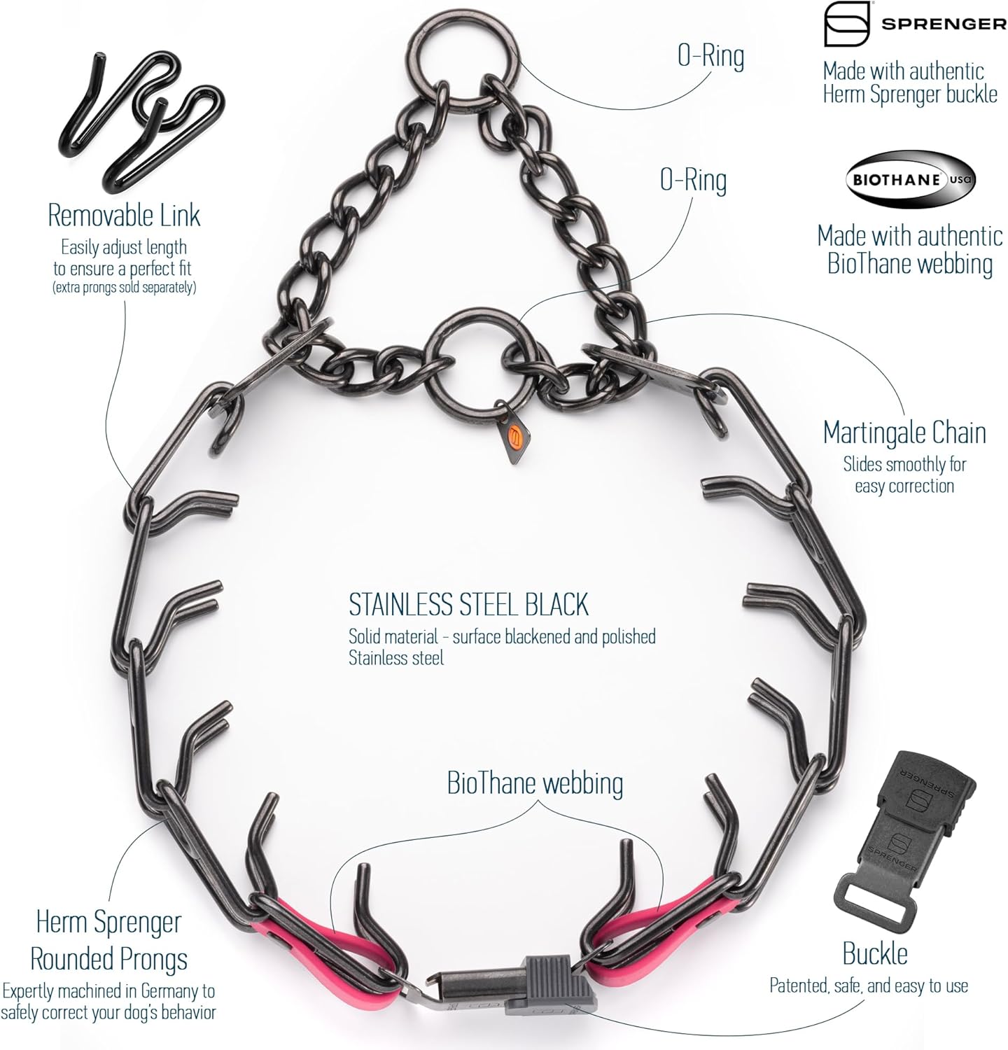 Herm Sprenger Black Stainless Steel Dog Collar with Quick Release ClicLock Buckle O-Ring Biothane Insert Training Collar Made in Germany (Passionfruit Pink, 25in x 4.0mm(Neck Size up to21-22in))