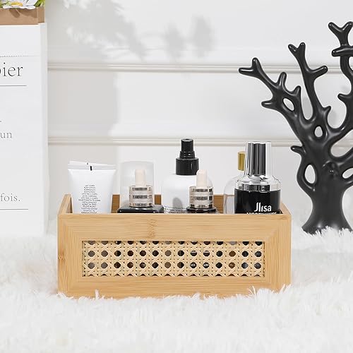 Miniatura 8 de LaMorée - Canasta de almacenamiento de ratán, cesta de almacenamiento tejida natural de bambú hecha a mano con marco de madera y asas, caja