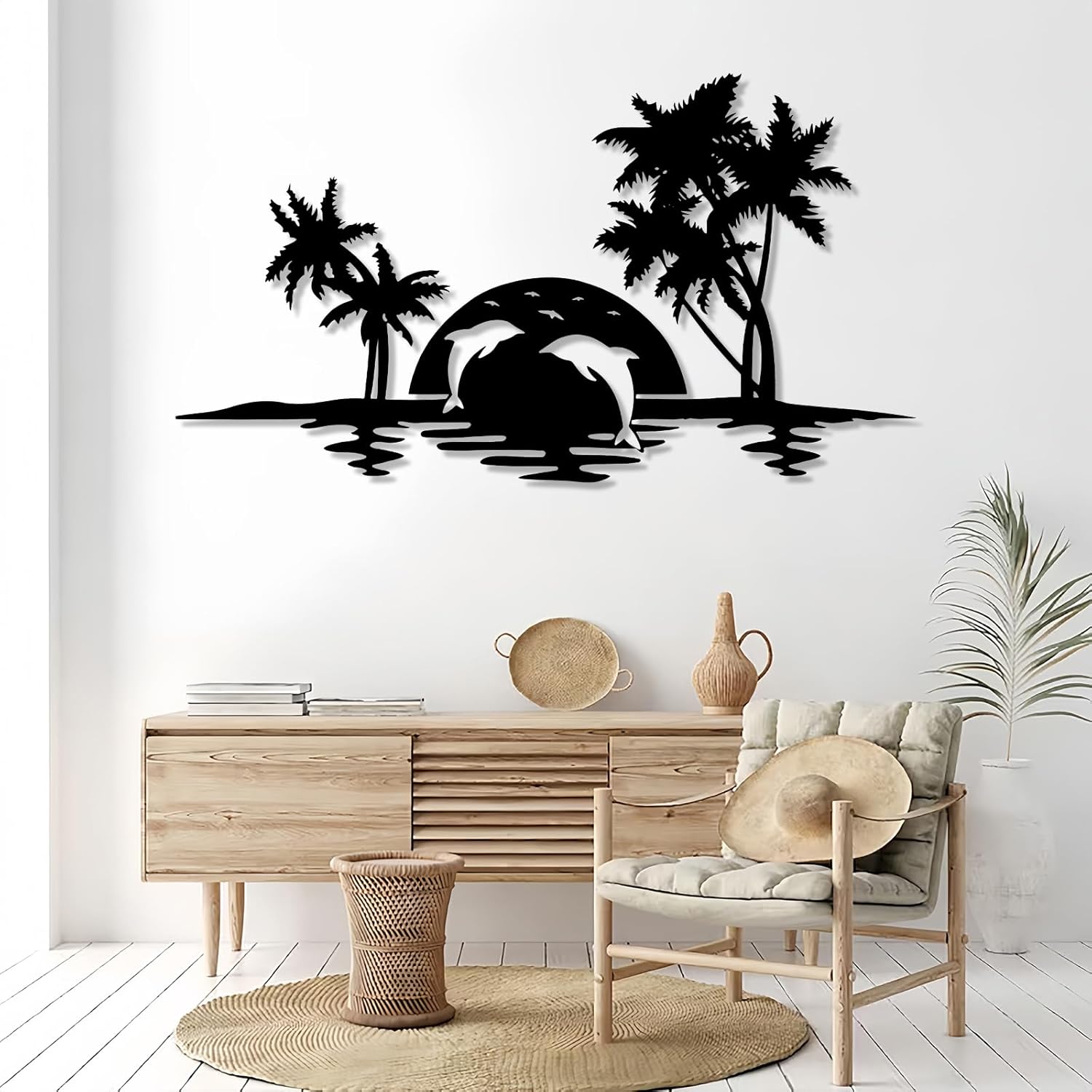 Eliauk Metal Wall Art, Nature Wall Hanging Decor, Dolphin Sunrise, 10"x35", Silver
