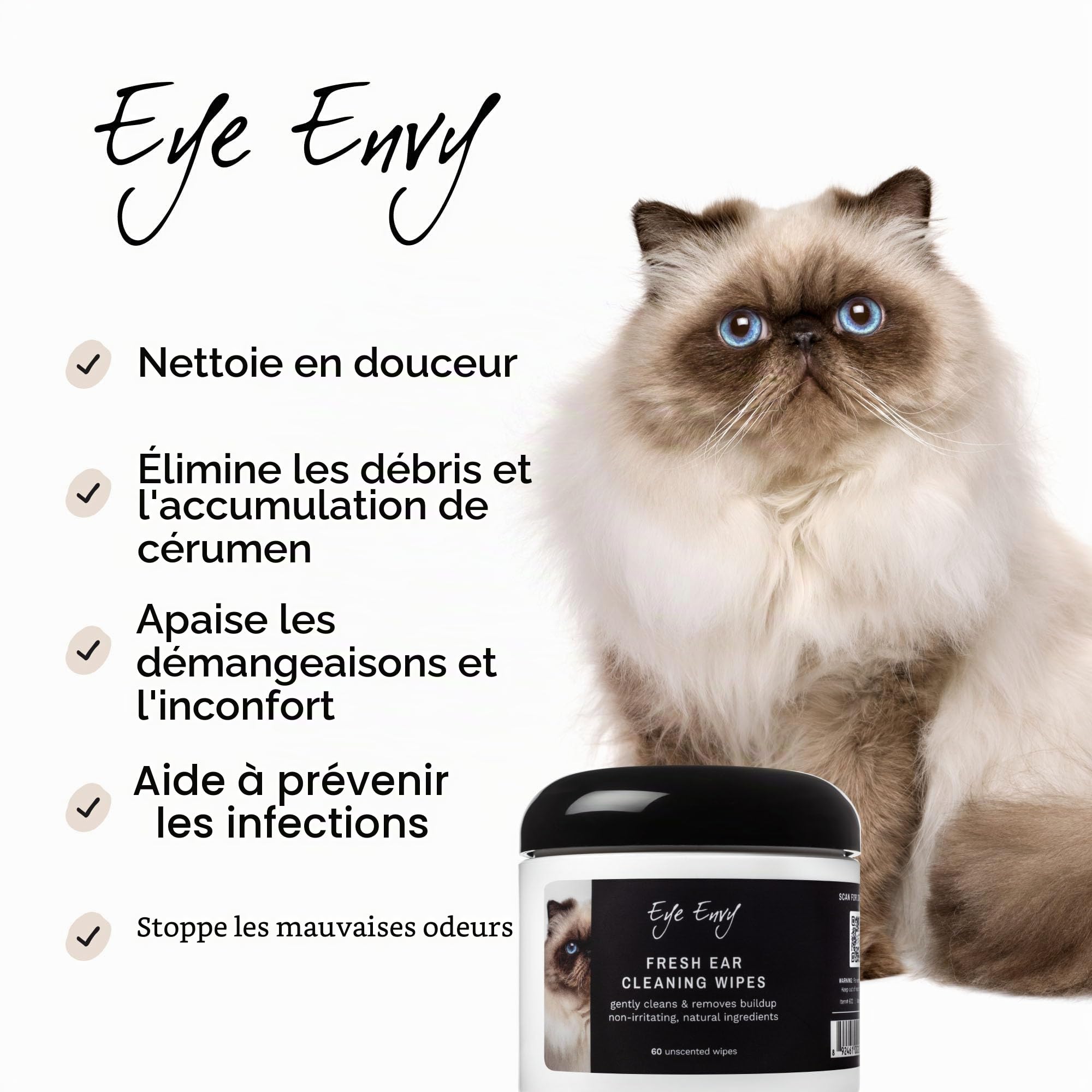Eye Envy – Lingettes Nettoyantes pour Les Oreilles des Chats, Fabriquées aux États-Unis avec des Ingrédients Naturels, Non Parfumées, Sûres et Non Irritantes, Préviennent Les Infections, 60 Lingettes