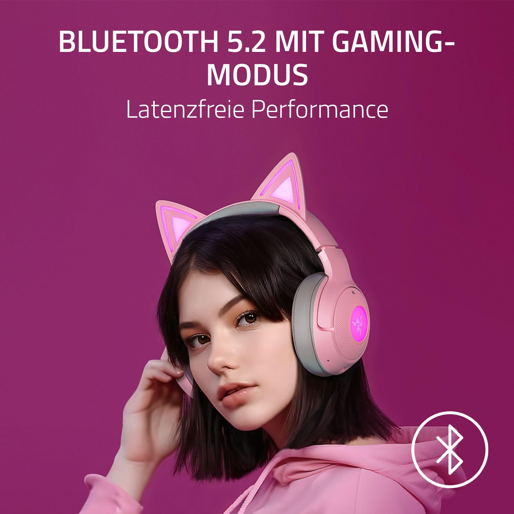 Razer Kraken Kitty V2 BT - Drahtloses Bluetooth RGB Gaming-Headset mit leuchtenden Katzenohren (Bluetooth 5.2 mit Gaming-Modus, TriForce 40mm Treiber) Quartz