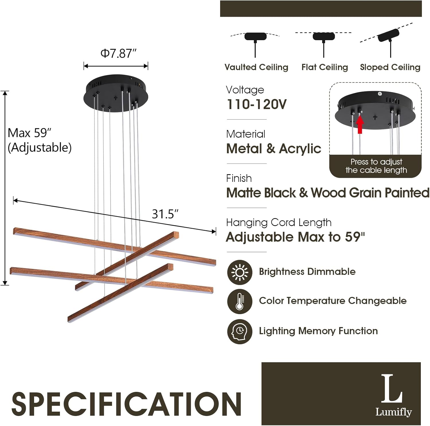 Modern Linear Pendant Light with Remote, LED Chandelier 32" Farmhouse Wood Painted Ceiling Hanging Light Fixture Large 4 Light Dimmable for Dining Room Staircase Foyer