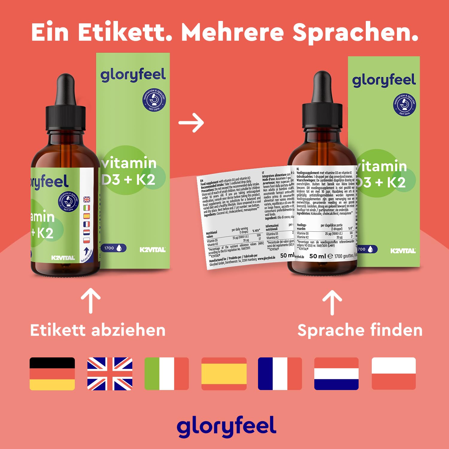 Vitamin D3 K2 (50ml) 1700 Tropfen - Markenrohstoff K2VITAL® - 99,7+% All-Trans - Vitamin D3 + Vitamin K2 MK7 - laborgeprüft & in Deutschland entwickelt