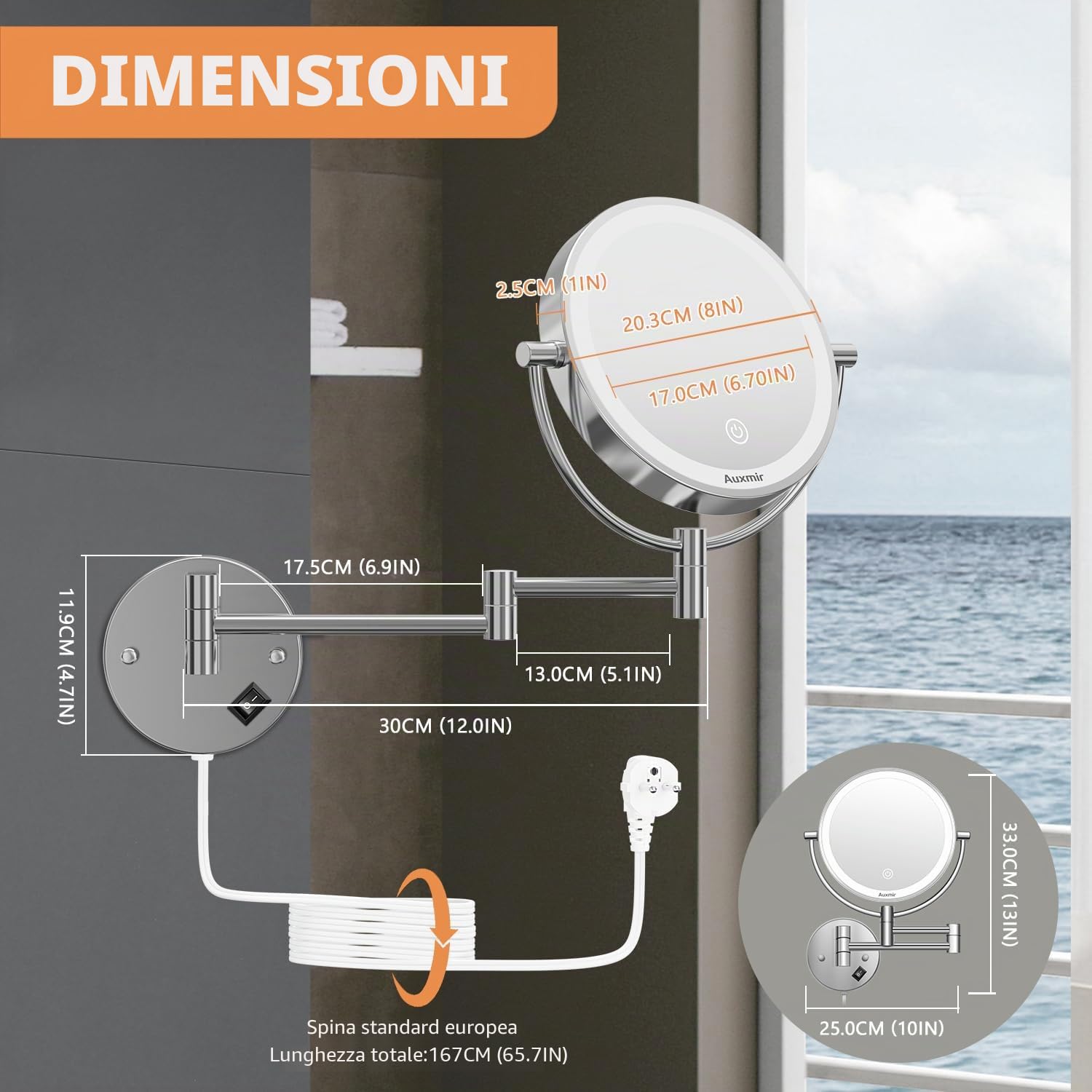 Auxmir Specchio da Parete, Ingrandimento 1X/30X, Specchio Trucco con Luci a 3 colori, Luminosità Regolabile, Specchio Bagno, Girevole a 360°, Alimentatore a Spina, Spegnimento Automatico, per Bagno