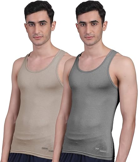 FREECULTR Men’s Twin Skin Bamboo Cotton Vest, Anti Microbial, Anti Odor, Breath tech Super Soft & Comfort Fit Inner wear (Pack of 2)