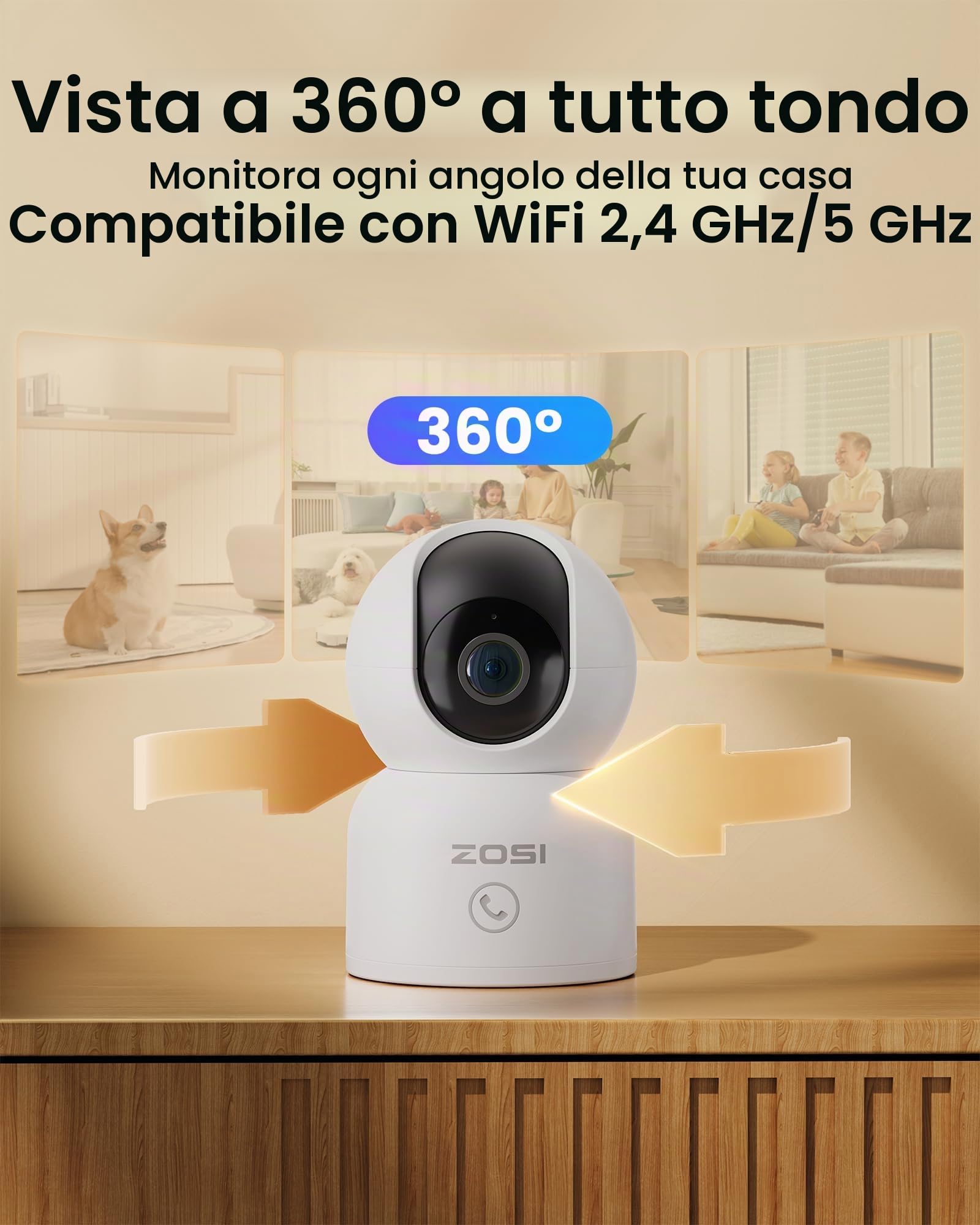 ZOSI 2MP Telecamera Interna WiFi, Visione Notturna, Rilevamento del Movimento, Doppia Banda 2,4/5 GHz, Audio a 2 Vie, Riconoscimento Facciale AI, Chiamata One Touch, 2 Pezzi C518