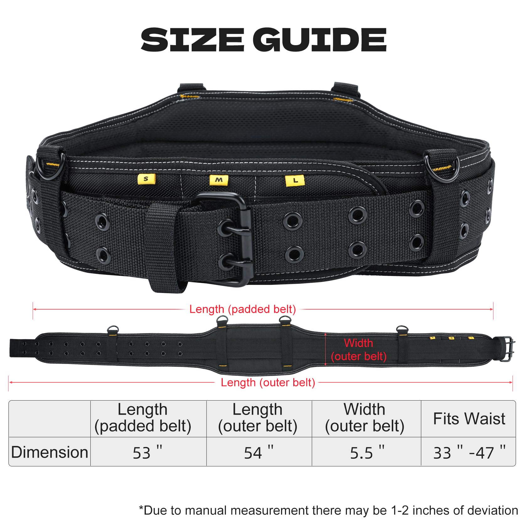 MELOTOUGH Ceinture à outils de charpentier avec bretelles, ceinture à outils professionnelle avec pochette à outils, bretelles avec 32 poches et boucles, convient pour tour de taille de 83,8 à 119,4