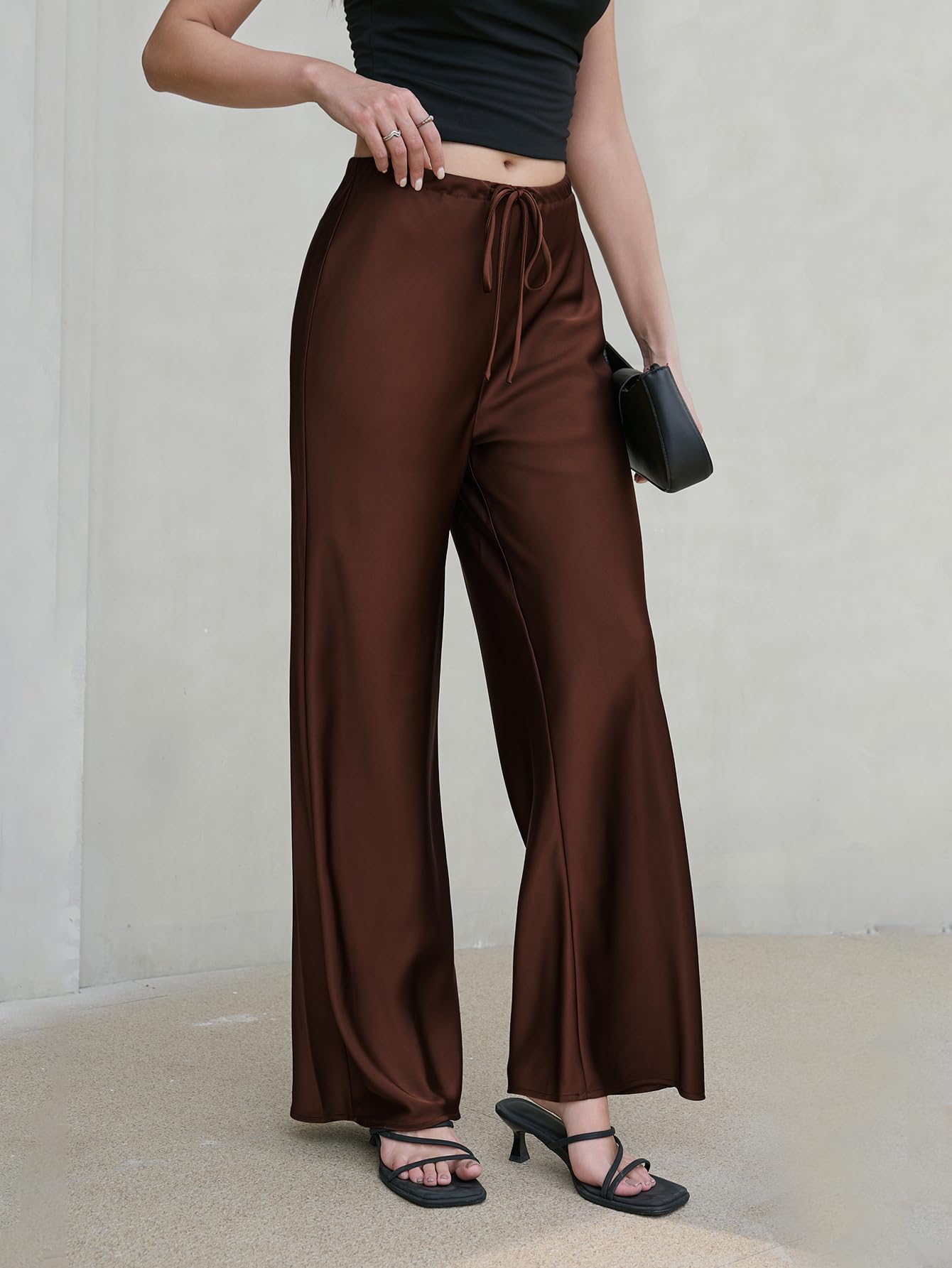 Pantaloni da donna in raso a gamba larga a vita alta elegante casual fluidi pantaloni a palazzo per ufficio lavoro