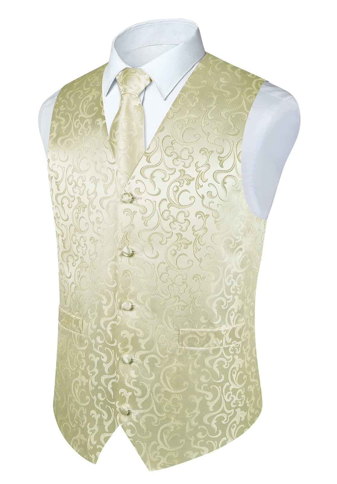 Gilet Homme Paisley Floral Jacquard Gilets Sans Manches Cravate Poche Carré Ensemble avec Boutons de Manchette et Pince à Cravate Ensemble pour Mariage Fête Costume d'affaires Ensemble Gilet
