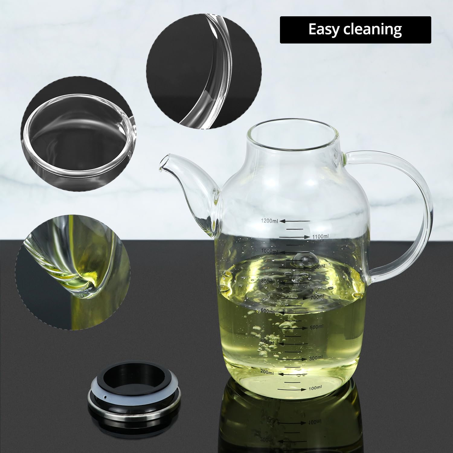 QWORK Botella grande de vidrio para aceite de cocina de 1200 ml, con tapa de acero inoxidable, dispensador de aceite y vinagre, para aceite de oliva, vinagre, salsa de soja, recipiente líquido sin