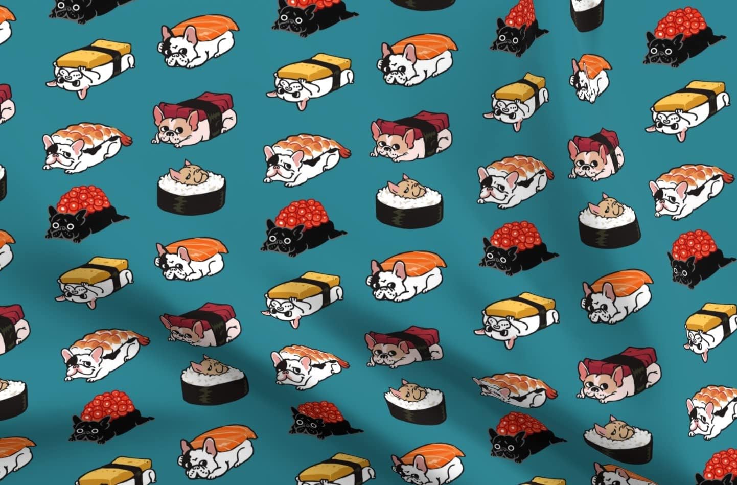 Spoonflower Fabric - Sushi Frenchie French Bulldog Japan Food Cute Kitchen Japanese Funny Printed on Minky Fabric by The Yard - Sewing Baby Blankets Quilt Backing Plush