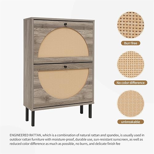 Vista 5 de ZeHuoGe Zapatero de ratán con 2 cajones abatibles, zapatero oculto estrecho, armario de almacenamiento para entrada, organizador de zapatos