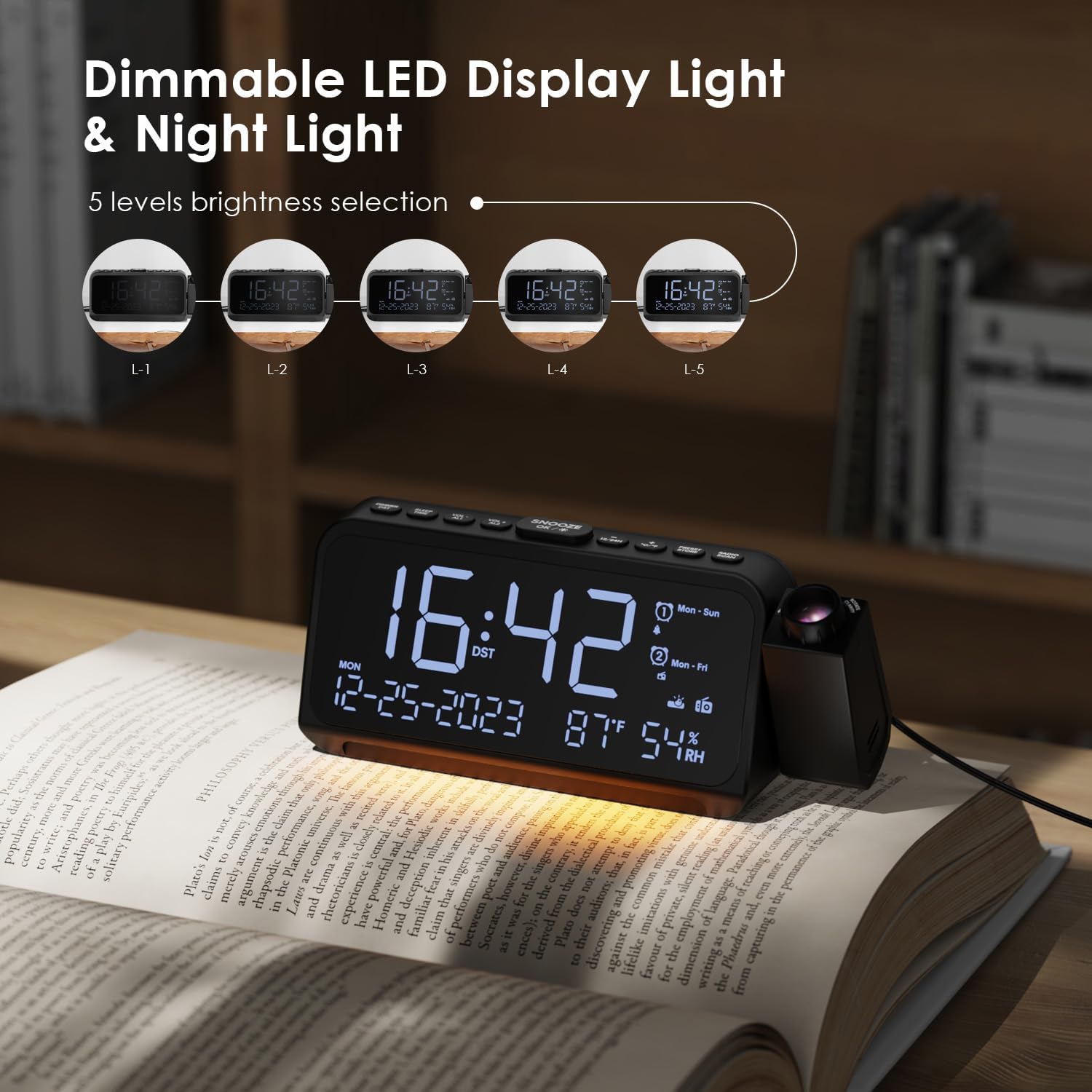ROCAM CR1024 Projection Alarm Clock Radio showing 5 levels of display brightness