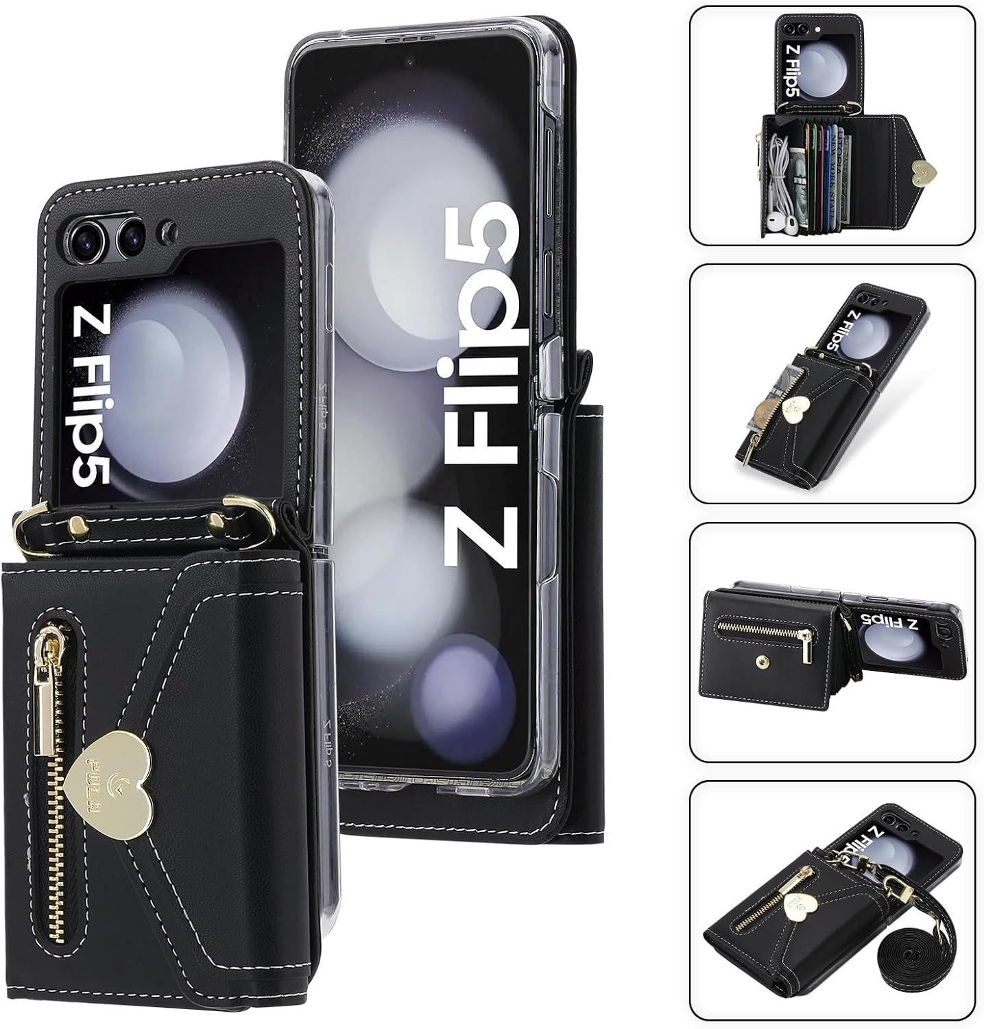 SZHAIYU Women Wallet Purse for Samsung Galaxy Z Flip 5 5G Case Crossbody with Credit Card Holder Strap Lanyard Kickstand Flip Leather Zipper (Black, Z Flip 5)