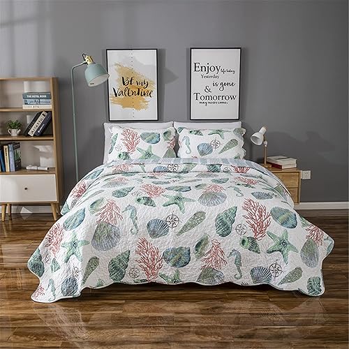 Miniatura 2 de ABREEZE Juego de ropa de cama con temática de playa costera, tamaño Queen, colcha reversible de algodón con diseño de conchas y conchas de mar,