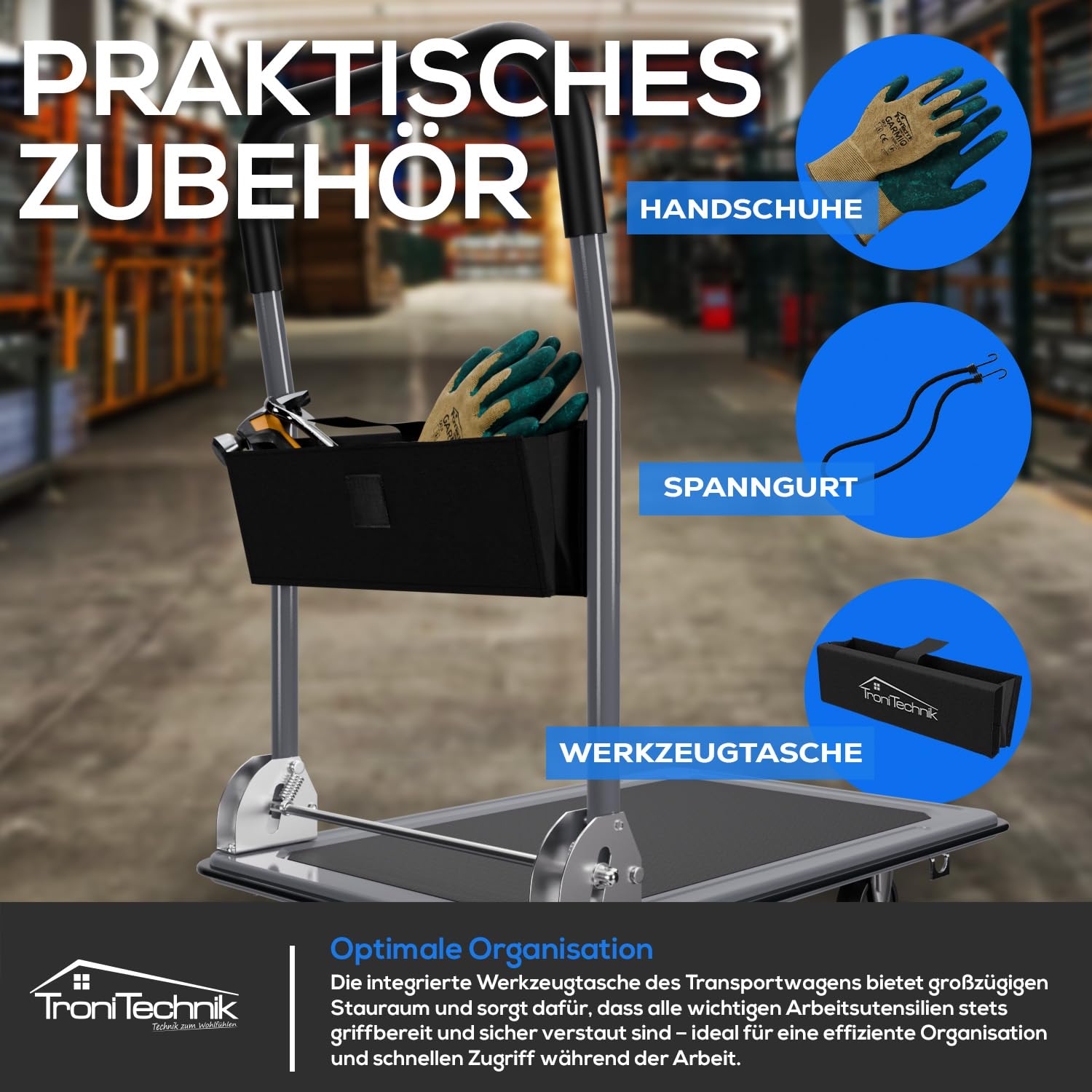 TroniTechnik® Transportwagen Paketwagen Plattformwagen klappbar mit Lenkrollen 150 kg Tragkraft mit Antirutschbeschichtung, Griffpolster, Halterungen - Ladefläche 72x48 cm