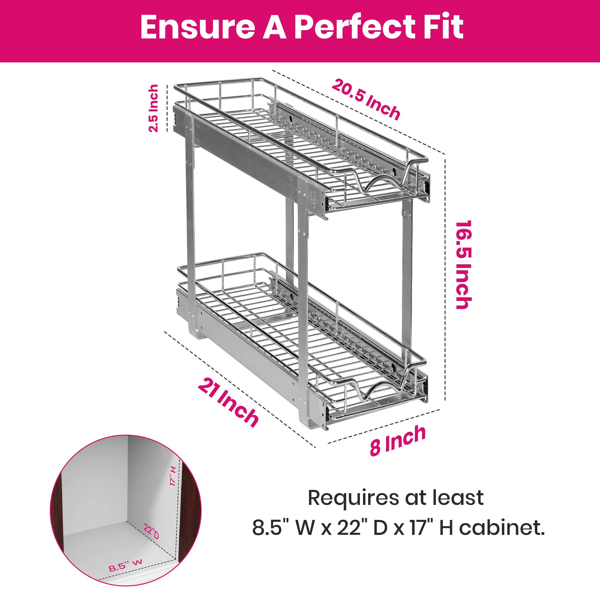 Hold N' Storage - Organizer per armadietti estraibili a 2 livelli, in metallo resistente, 21,6 cm di larghezza x 53 cm di profondità x 41,6 cm di altezza