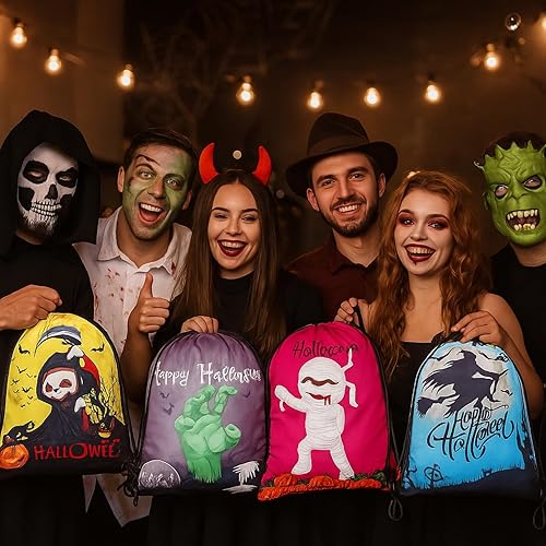 Miniatura 6 de 16 bolsas con cordón para fiesta de Halloween, calabaza, bruja, fantasma, carnaval, golosinas, bolsa de regalo para aula, Halloween, decoración de