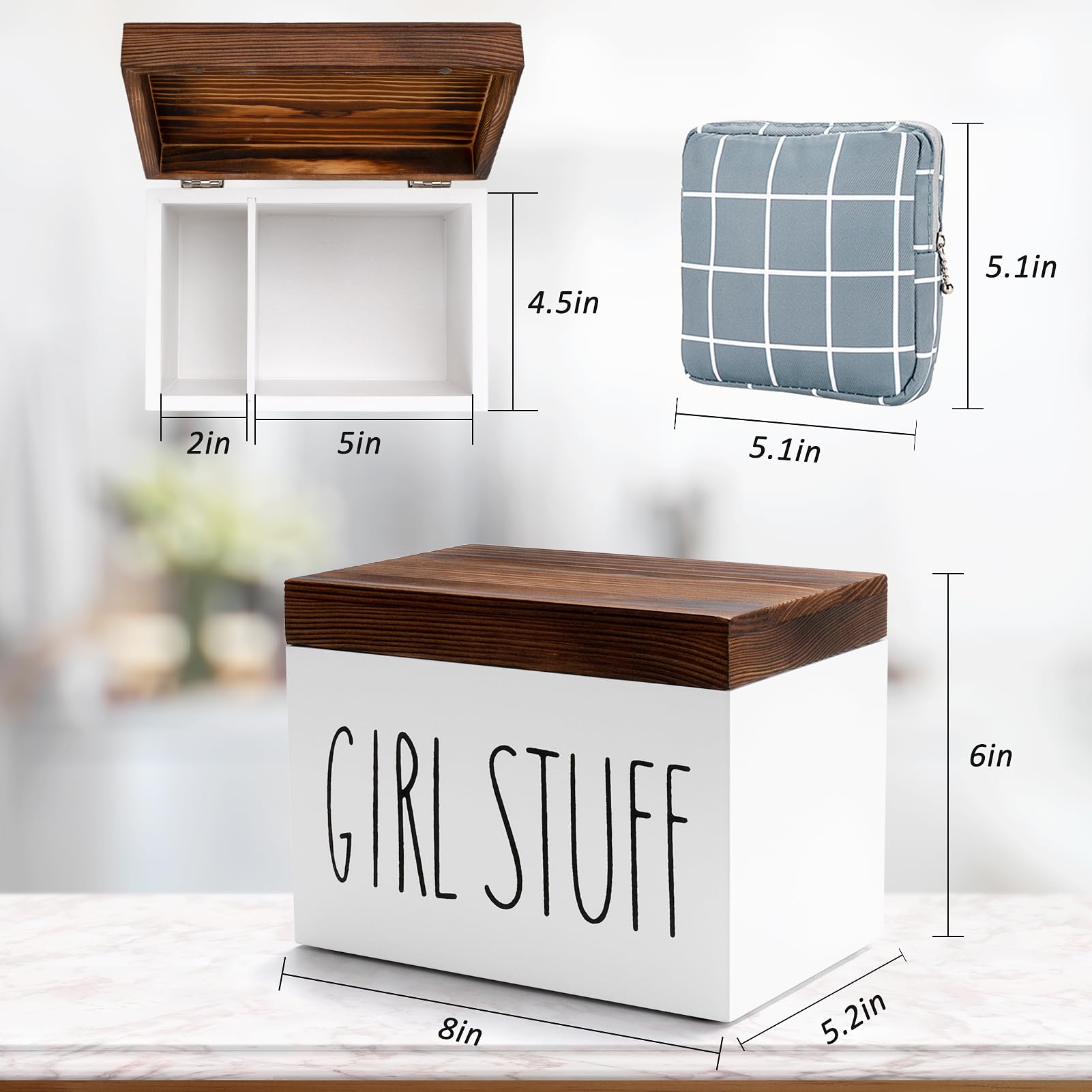 Soporte para tampón para baño, organizador de productos femeninos de madera, con tapa, 2 piezas, bolsa de almacenamiento de servilletas sanitarias portátil, organizador de bolsa de 2