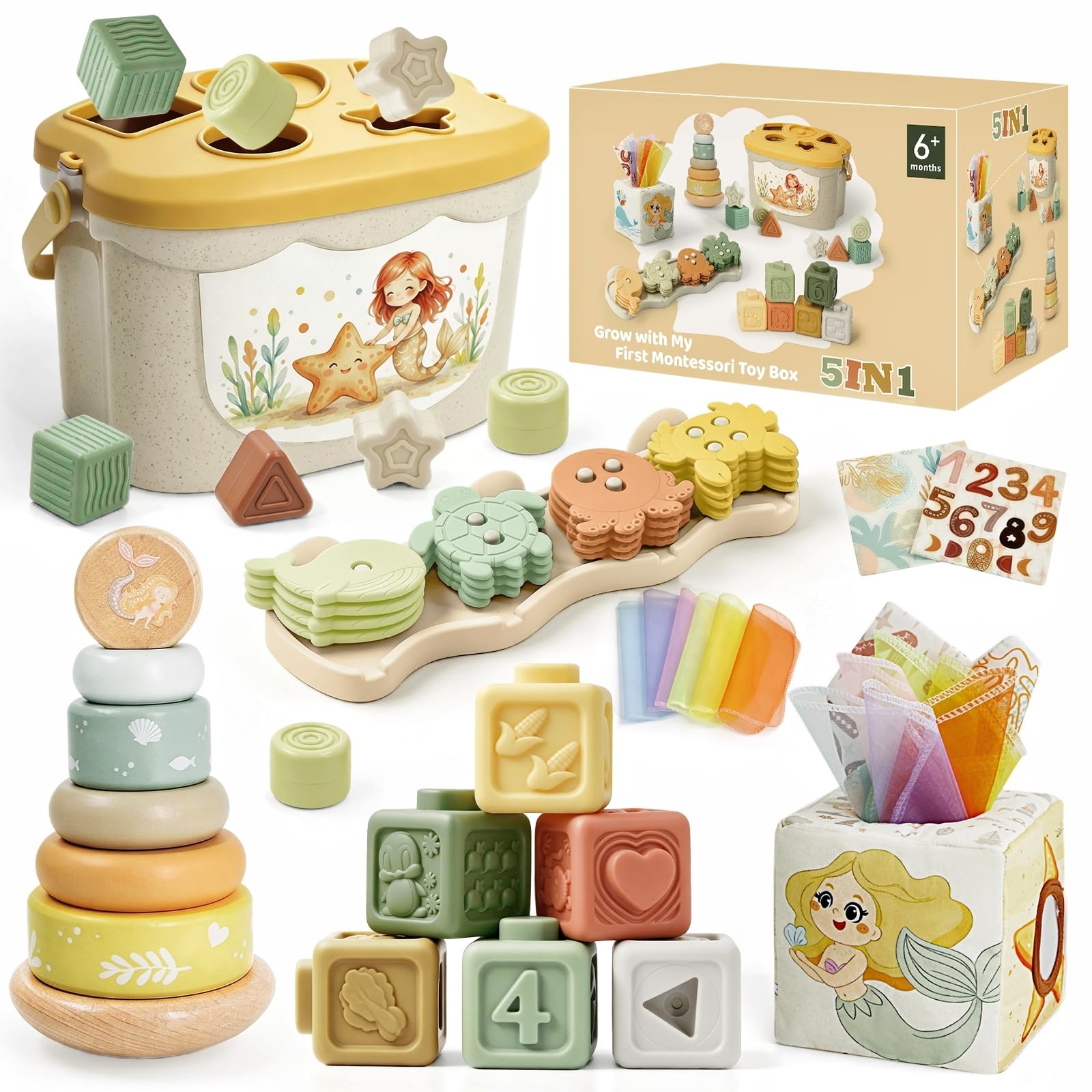 Anook Giochi Montessori 6 Mesi, 5 in 1 Giochi Bambini 6 9 12 Mesi | Giocattolo Classificazione e Impilabile, Scatola di Fazzoletti, Giochi Sensoriali Neonato per Regalo Bimba Bimbo 6-24 Mesi
