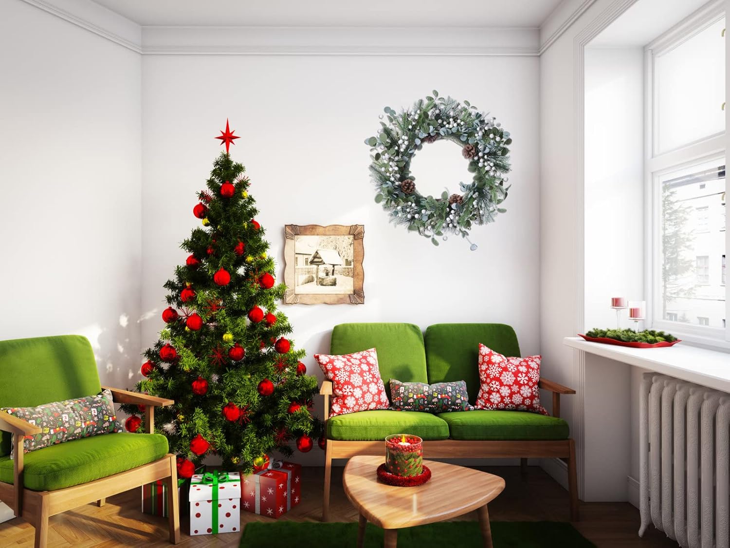 20 Inches Christmas Wreaths for Front Door Holiday Christmas Door Wreath Winter Wreaths with White Berries Pine Needles Pine Cones for Farmhouse Indoor Outdoor Window Porch Decoration