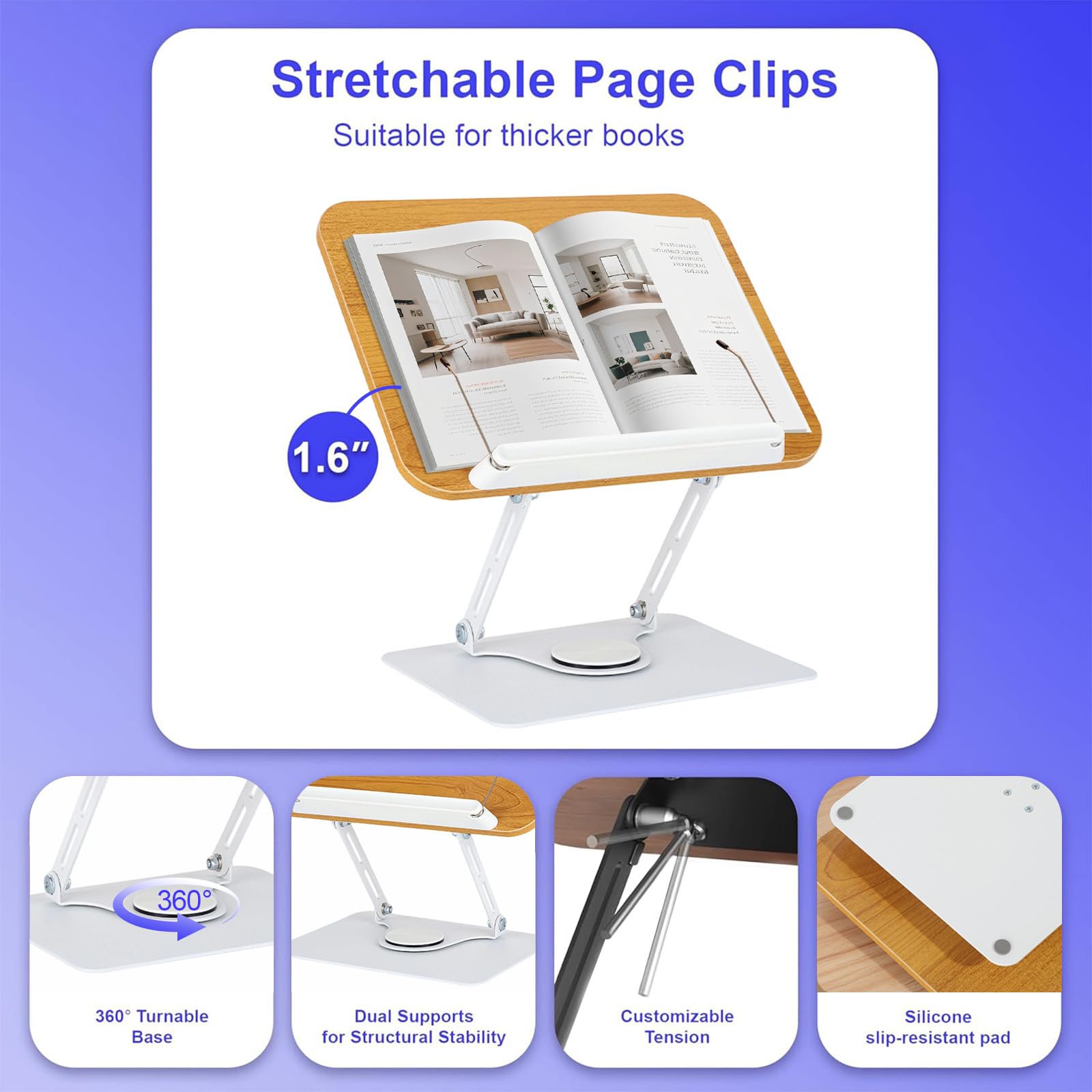 Buchständer Verstellbarer, Holz Buchhalter Leseständer zum Lesen mit 360° Drehbarer Basis, Kochbuchständer, Rezeptbuchhalter mit elastischen Seitenklammern für Musikpartituren Rezepte Tablet Laptop