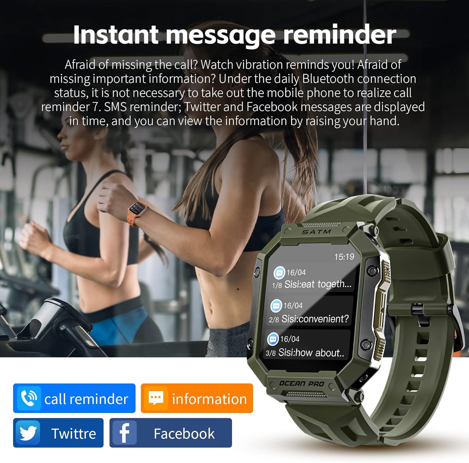 Image showing the LOKMAT Smart Watch displaying instant message reminders, with icons for call reminder, information, Twitter, and Facebook.