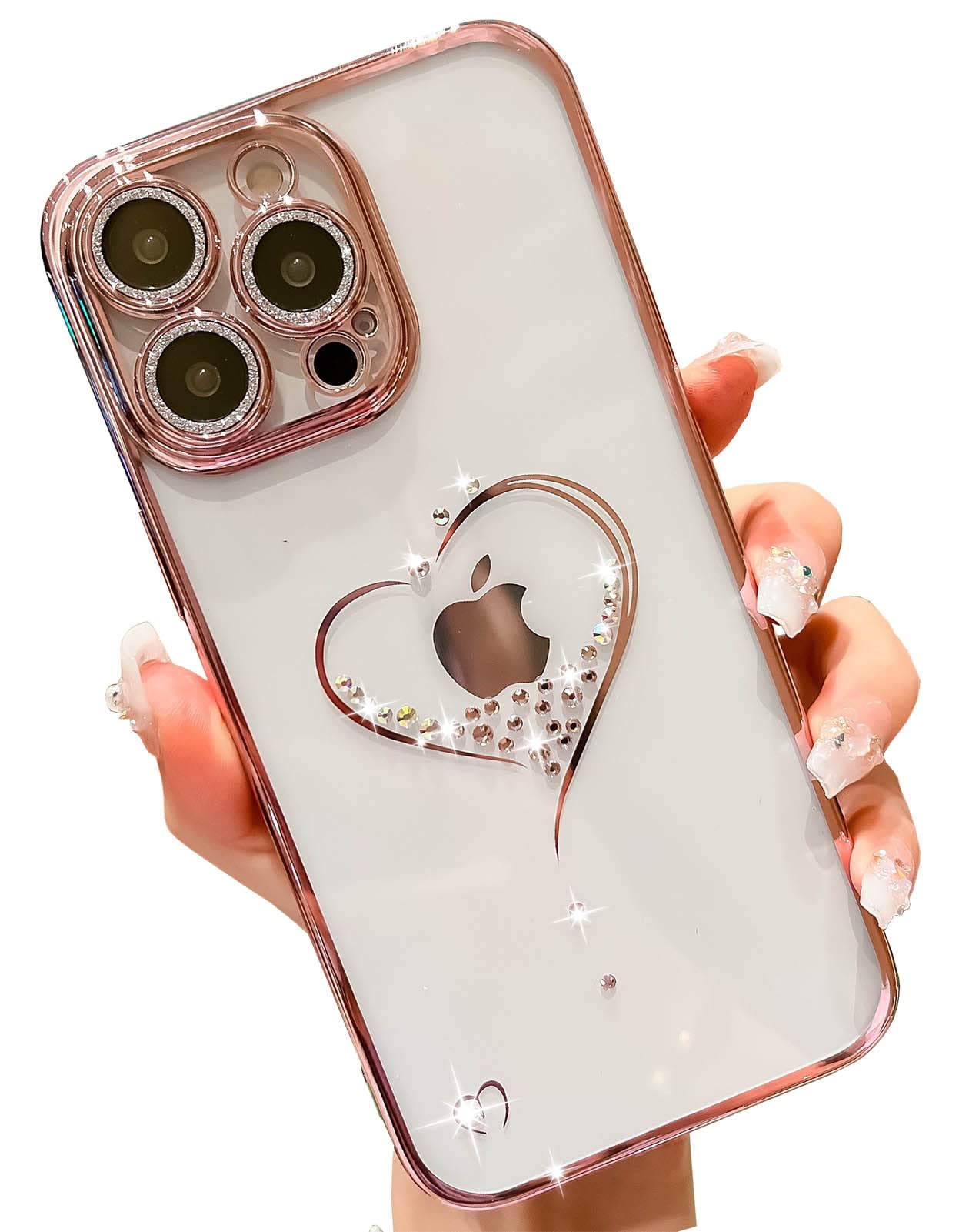 KERZZILBling Glitter Heart Compatible with iPhone 14 Pro Max Case, Cute Women Sparkly Full Camera Protector Designed Phone Cases, Girly Golden Plating Phone Cover(Rose Gold)