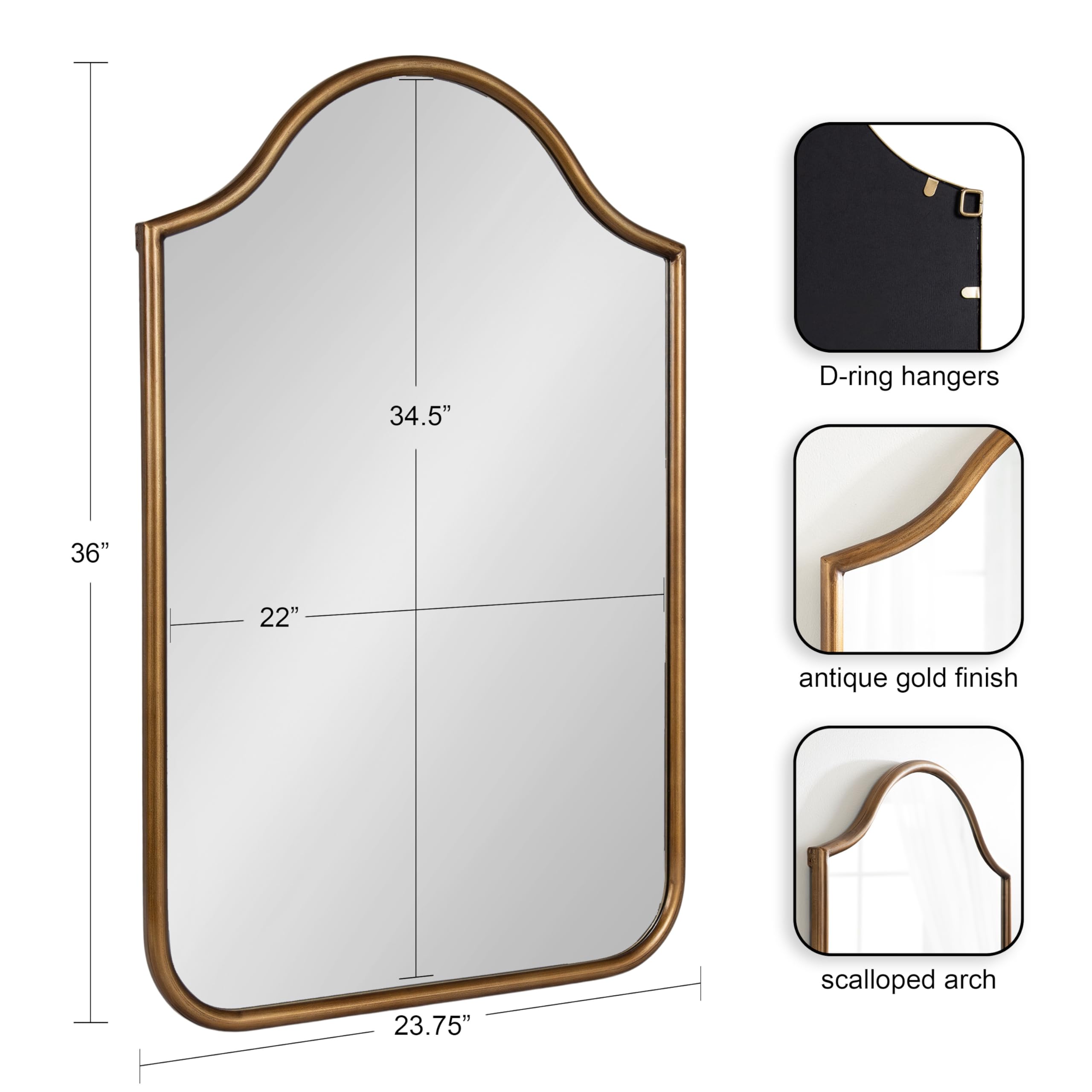 Kate and Laurel Fellows Scallop Arched Wall Mirror, 24 x 36, Antique Gold, Traditional Decorative Arch Mirror with Bold Curved Shape and Vintage Mirror Design