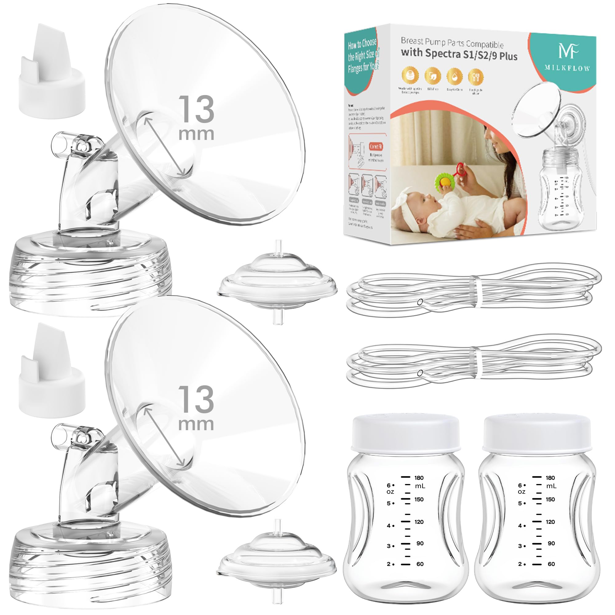 Pièces de Tire-Lait Compatibles Spectra S1/S2/S9 Plus, Kit de Remplacement 2 Pack (Tétière 13mmx2, Valve Bec de Canardx2, Tuyaux2, Biberonx2, Protection Anti-Refoulementx2), Accessoires Non Originaux