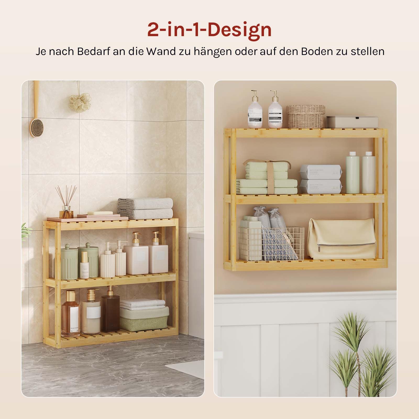 WOLTU Bambus Regal, Hängeregal, Badregal, Wohnzimmerregal, Badezimmerregal stehend, Bücherregal, Schuhregal, verstellbare Ablage, mit 3 Ebenen, 60x54x15 cm, Naturfarbe