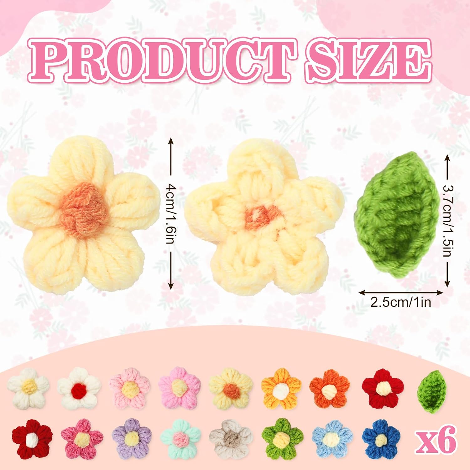 JarThenaAMCS 102 Pcs Crochet Flowers Knitted Yarn Flowers 16 Colors Handmade Floral with Green Leaves for Crafts Embellishments DIY Hair Headbands Hats Clothing Mirror Frame Decor Sew Iron On Patches