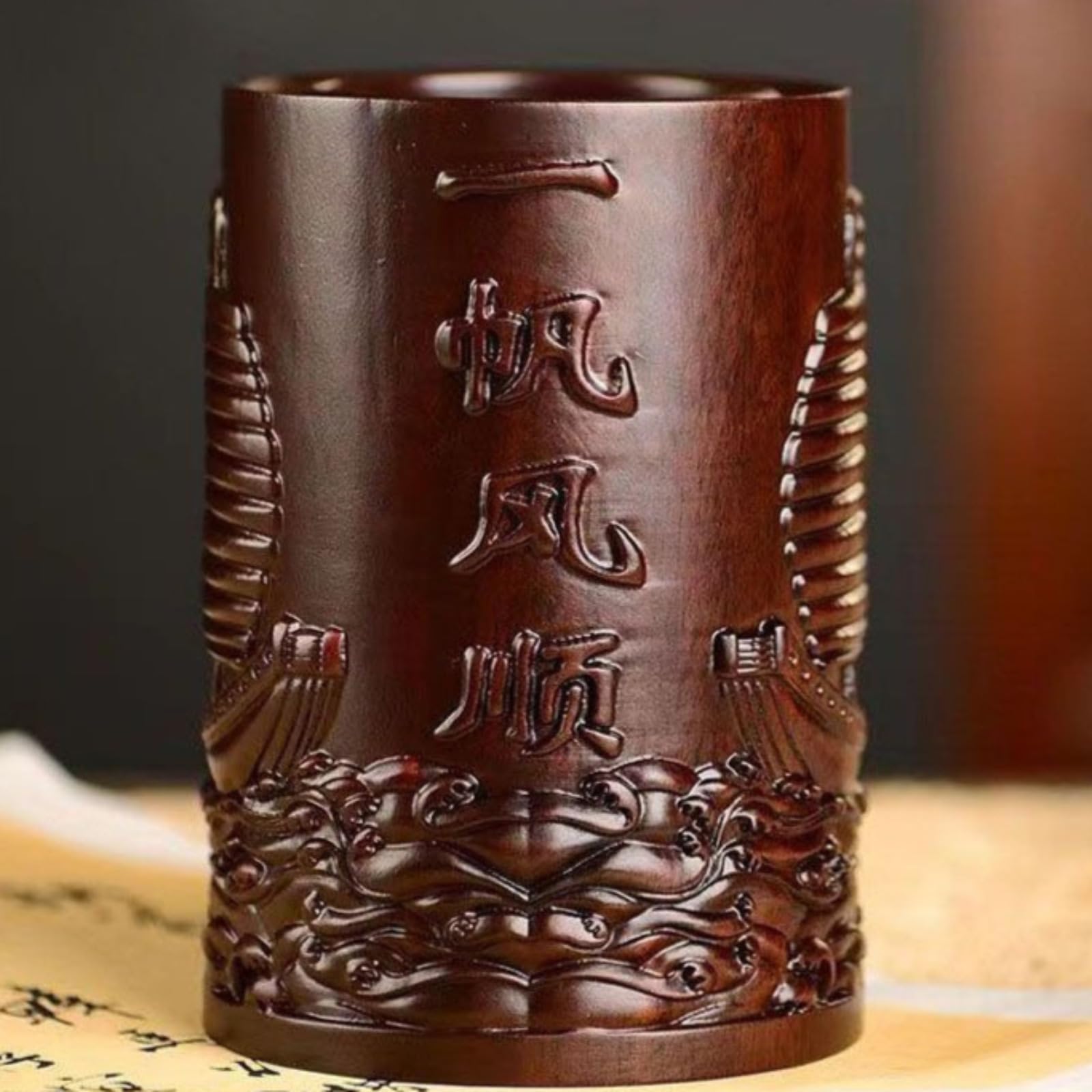 Portapenne in legno intagliato a mano, 15 cm, ornamento per ufficio