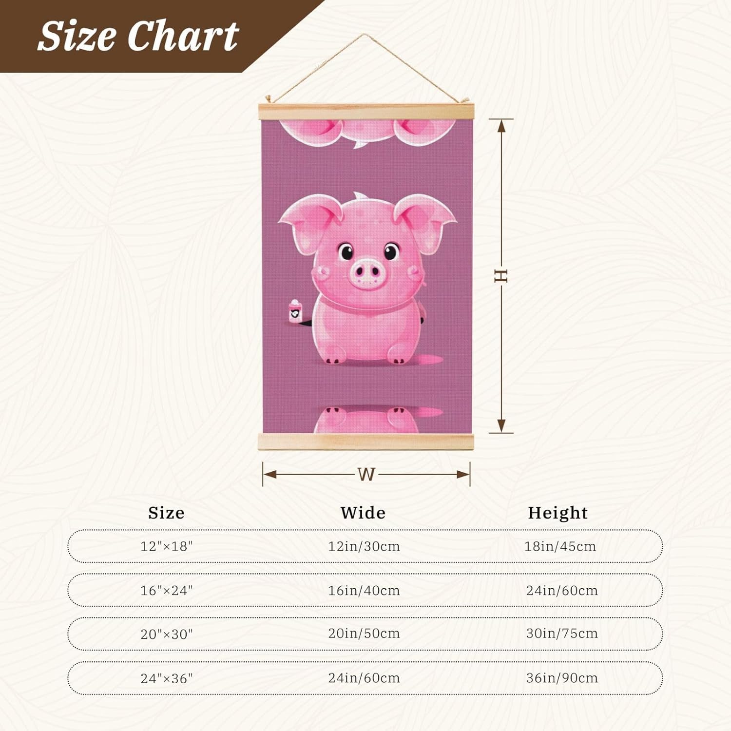 Pink Cute Pig Print Poster Hanger,Hanging Poster, Poster Frame,Wood Poster Hanger, For Wall Hanging