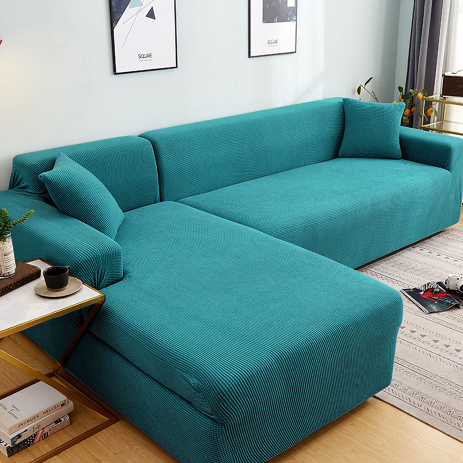 Housse de canapé extensible jacquard verte pour salon d'angle 2 et 3 places