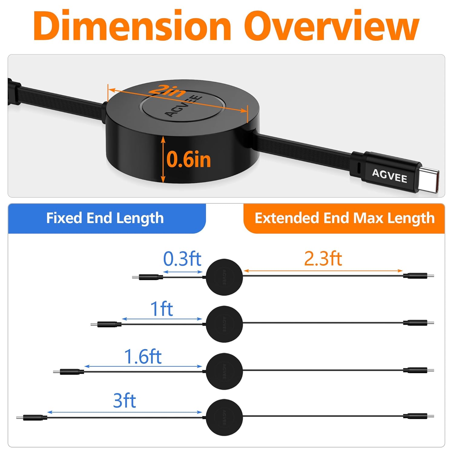 AGVEE 3ft Fixed / 2.3ft Extend USB-C to C Charger Cable Mountable One Way Retractable 60W Fast Charging Cord, Pocket-Sized for iPhone 16 15, Samsung, Android, Desk Organizer, Black (Pack of 2)