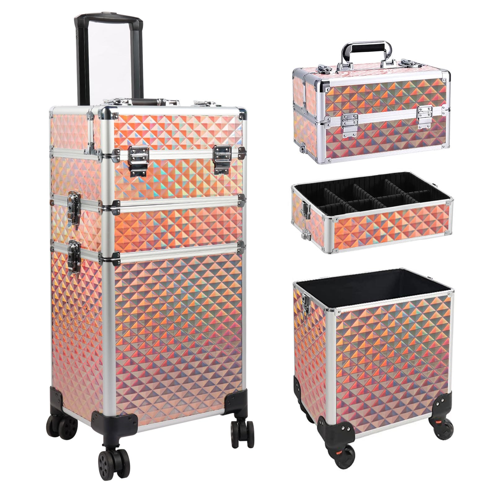EBANKU3 in 1 Professional Makeup Train Case Aluminum Cosmetic Case Rolling Makeup Case Extra Large Trolley, Rose Gold