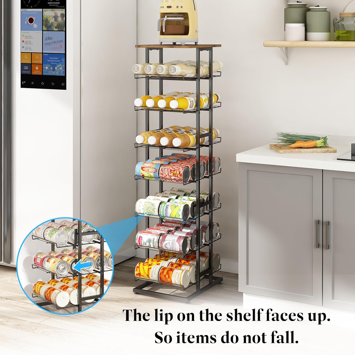 GILLAS 8 Tier with Wooden Top Water Bottle Storage with Wooden Tabletop,Metal Beverage Can Rack,Large Capacity Bottled Rack Water Bottle Holder Stand for Cabinet,Countertop Kitchen,Party,Black