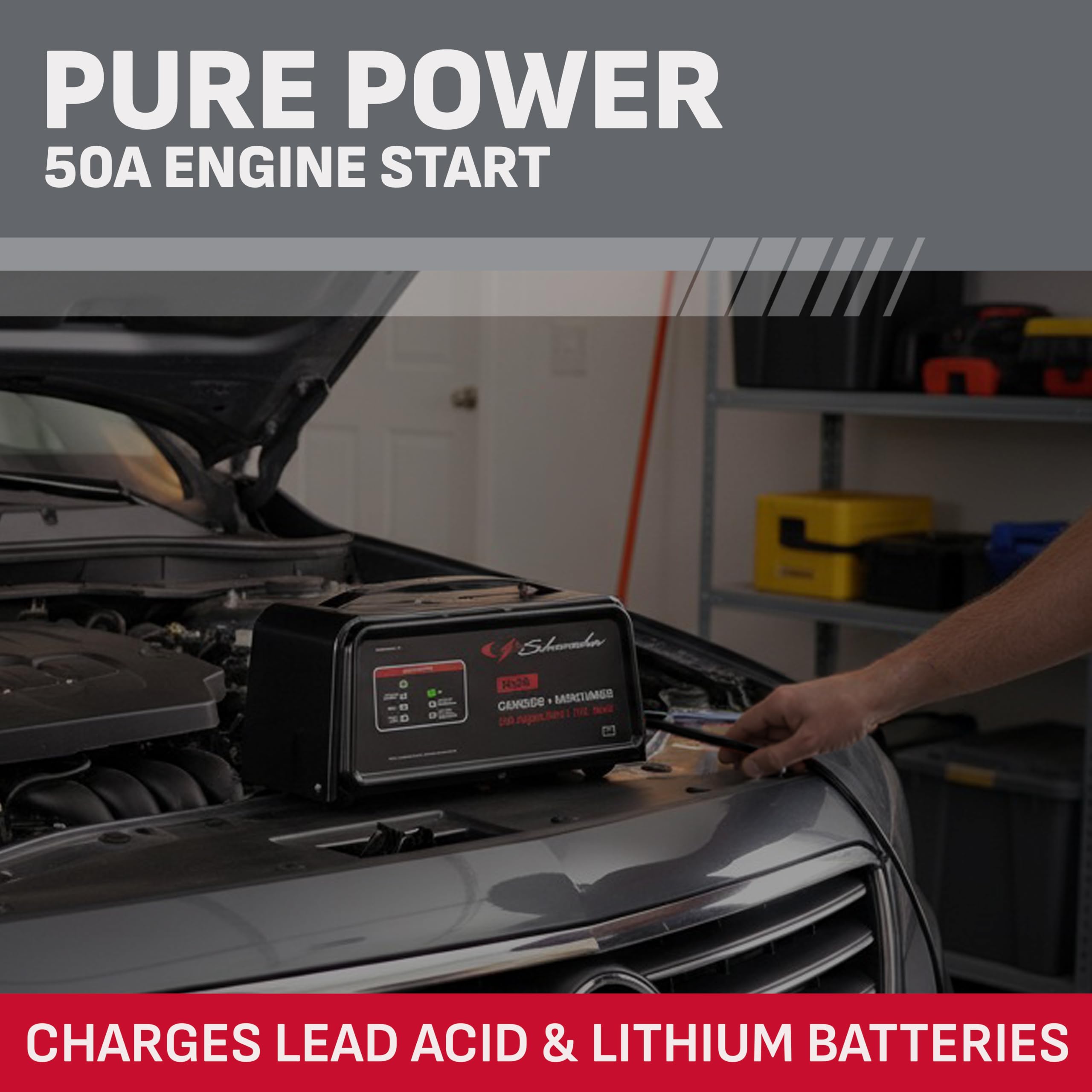 Schumacher Electric 2-in-1 Jump Starter and Battery Charger, SC1361 - Fully Automatic, 50 Cranking Amps, 12 Volts, for Motorcycle, Power Sport, Lawn Tractor, Car, SUV, Truck, and Marine Batteries