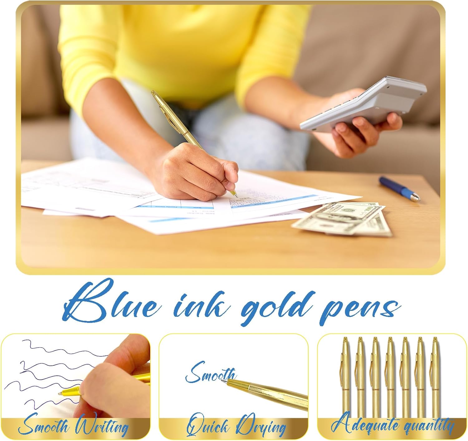 12 Pcs Blue Ink Gold Slim Ballpoint Pens 1 mm Gold Pens for Wedding Business Office Supplies(Classic Style) - Image 4