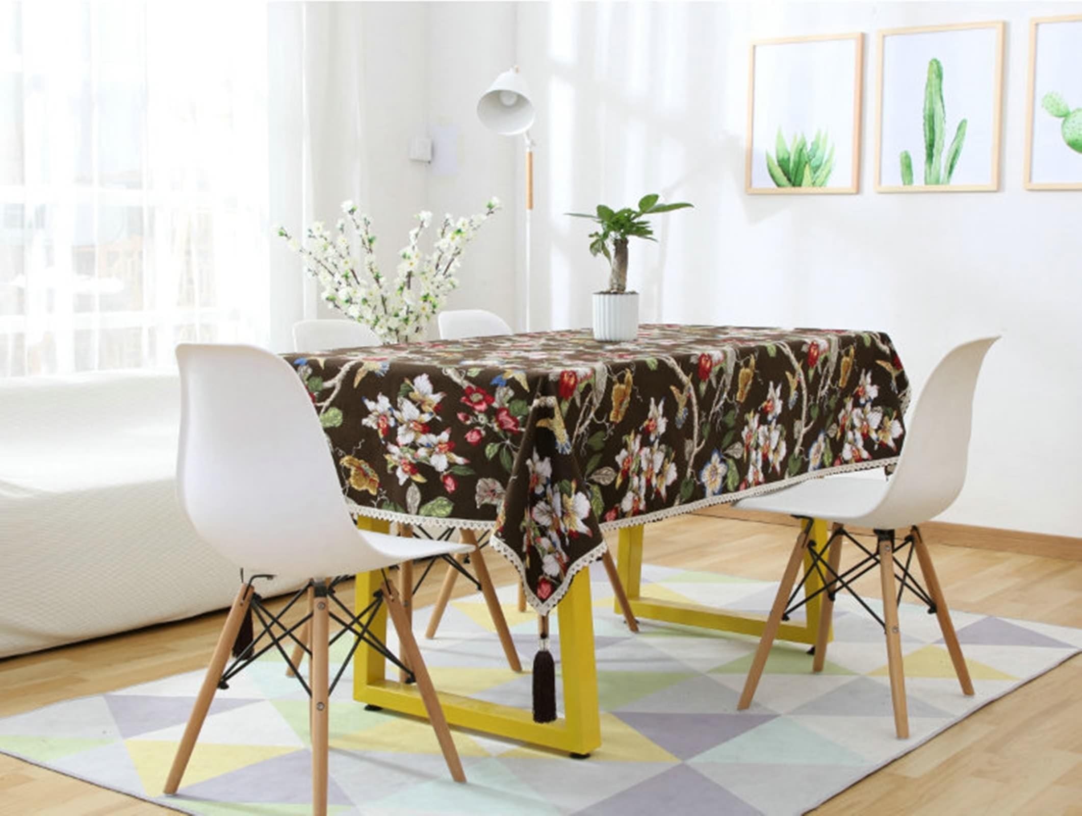 Manteles 140x180cm, Marrón, Rectangular, Mantel de Algodón Floral, Lavable